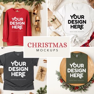 May include: A collection of four apparel mockups featuring a red sweatshirt, a white t-shirt, a dark gray t-shirt, and an olive green t-shirt. Each garment displays the text 'YOUR DESIGN HERE' in a bold, white or black sans-serif font.