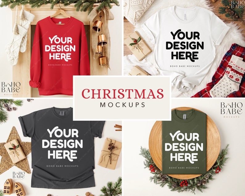 May include: A collection of four apparel mockups featuring a red sweatshirt, a white t-shirt, a dark gray t-shirt, and an olive green t-shirt. Each garment displays the text 'YOUR DESIGN HERE' in a bold, white or black sans-serif font.