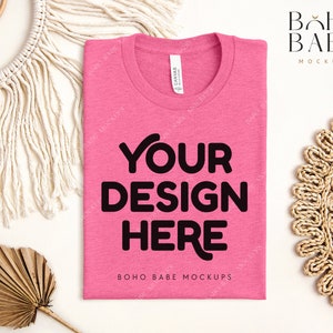 HEATHER CHARITY PINK Bella Canvas 3001 cvc Folded Mockup, Boho Flat Lay Tshirt Mock-up, Bella Canvas Folded Flatlay Mockup, Pod shirt Mockup