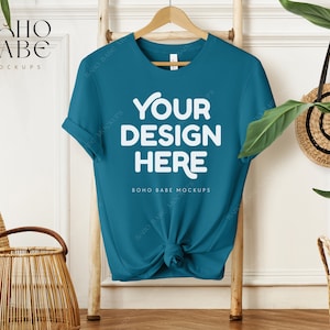 3001 DEEP TEAL Mockup, Bella Canvas 3001 Mockup, Boho Hanging Tshirt Mock-up, Bella and Canvas Shirt Knot Flat lay, POD Tee Sublimation