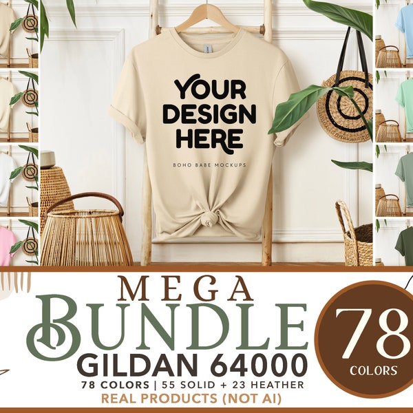 Gildan 64000 Mockup Bundle | G64000 Gildan Softstyle Tshirt Mockup Bundle, Boho Hanging Tshirt Mocks, POD Real Products Bulk Photo Templates