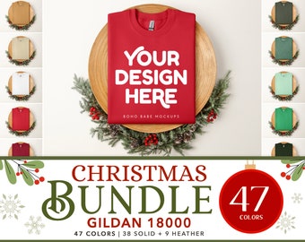 Gildan 18000 Christmas Mockup Bundle | G180 Boho Folded Sweatshirt Mockup, Real Crewneck Flatlay Photo