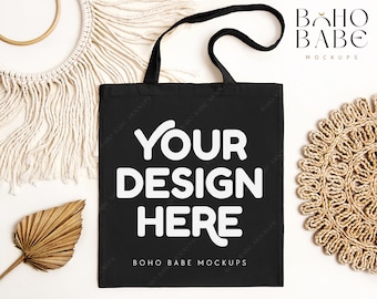Schwarze Einkaufstasche Mockup, Boho Styled Einkaufstasche Mock, Einkaufstasche flach legen Mock-up, Einkaufstasche Mock-up, Baumwolle Canvas Einkaufstasche Mocks Sublimation SVG