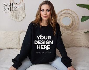 Gildan 18000 Black Sweatshirt | Gildan Crewneck Mockup | Model Mockup | Boho Sweater Mockup | Oversized Crewneck Mockup | Black Gildan Mock