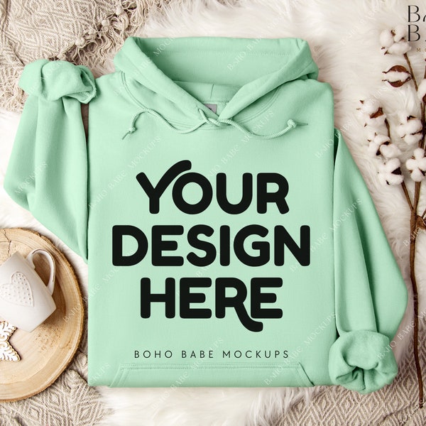 MINT Green Gildan 18500 Mockup | Gildan Hoodie Flat Lay, G18500 Folded Hoodie Mockup, Boho Christmas Mock, POD Digital Template, Real Photo