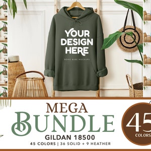 May include: A mockup image featuring a green hoodie with the text "YOUR DESIGN HERE" and a variety of other colored hoodies. The image also includes the text "MEGA BUNDLE" and "GILDAN 18500" with "45 COLORS" displayed.