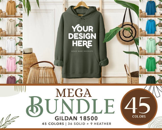 Gildan 18500 Mockup Bundle | Gildan Hoodie Mockup Bundle, Hanging Hoodie Mockup Bundle, Boho Hoodie Mockups, POD Flat Lay Mocks