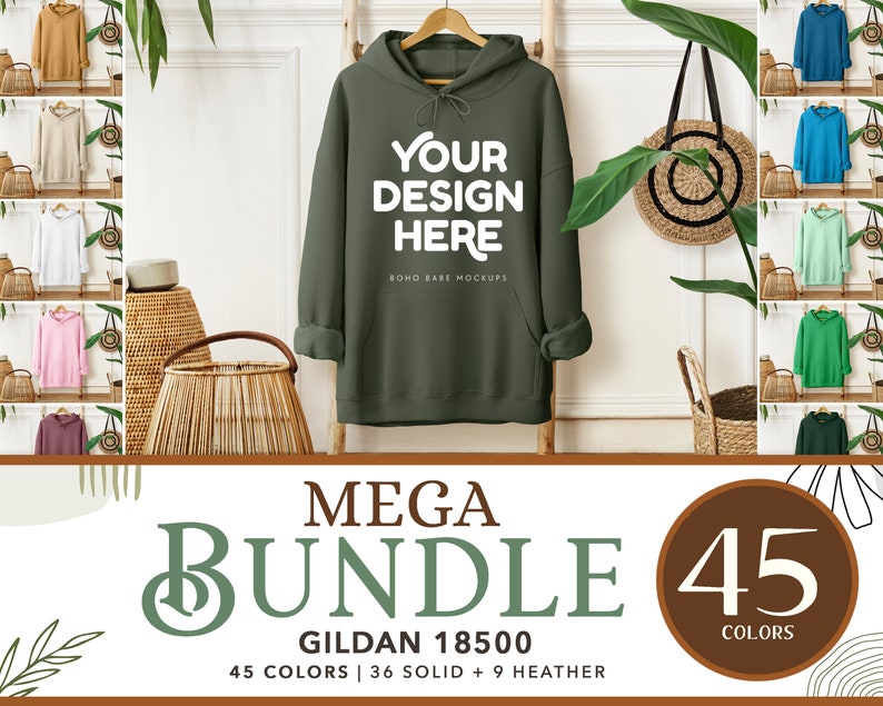 May include: A mockup image featuring a green hoodie with the text "YOUR DESIGN HERE" and a variety of other colored hoodies. The image also includes the text "MEGA BUNDLE" and "GILDAN 18500" with "45 COLORS" displayed.