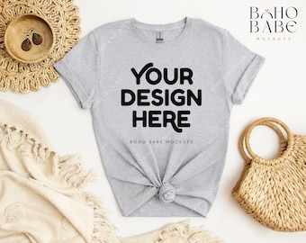 SPORT GREY Gildan 64000 Mockup, Gildan Softstyle Tshirt Mockup, Boho Flat Lay Tshirt Mockup, Gildan Soft Style Shirt Flatlay