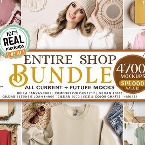 May include: An advertisement for an entire shop bundle of mockups. The image features a woman wearing a white sweater and beanie, and various clothing items in different colors. Text includes "100% REAL mockups" and "ENTIRE SHOP BUNDLE".