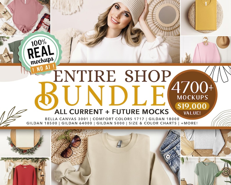 May include: An advertisement for an entire shop bundle of mockups. The image features a woman wearing a white sweater and beanie, and various clothing items in different colors. Text includes "100% REAL mockups" and "ENTIRE SHOP BUNDLE".