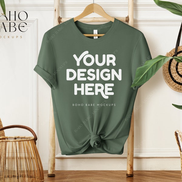 3001 PINE Mockup, Bella Canvas 3001 Mockup, Boho Hanging Tshirt Mock-up, Bella and Canvas Shirt Knot Flatlay, POD Tee Sublimation