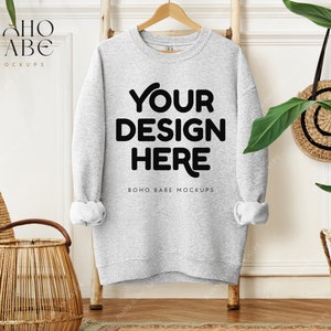 Gildan 18000 Ash Sweatshirt Mockup | Hanging Gildan Sweater Mock-up, Boho Sweatshirt Mockups, Crewneck Pullover Mocks