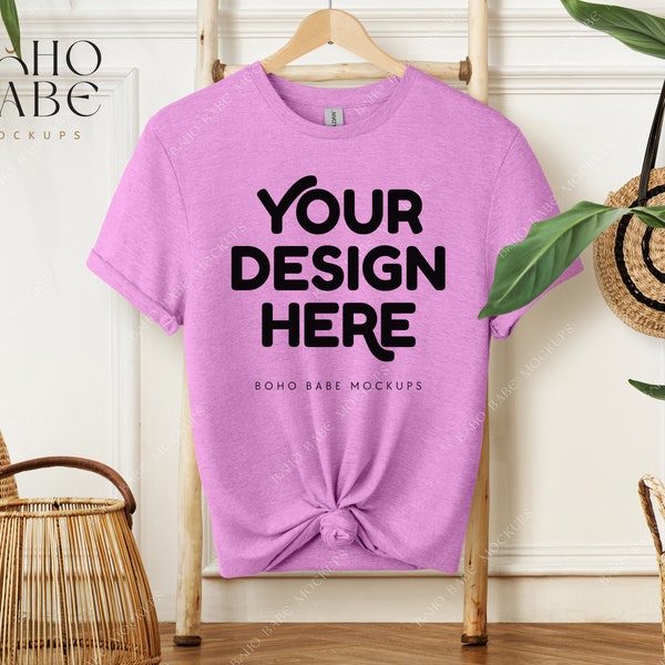 HEATHER RADIANT ORCHID Gildan 64000 Mockup, Gildan Softstyle Shirt Mockup, Boho Hanging Tshirt Mock, PoD Real Product, Blank  Photo Template