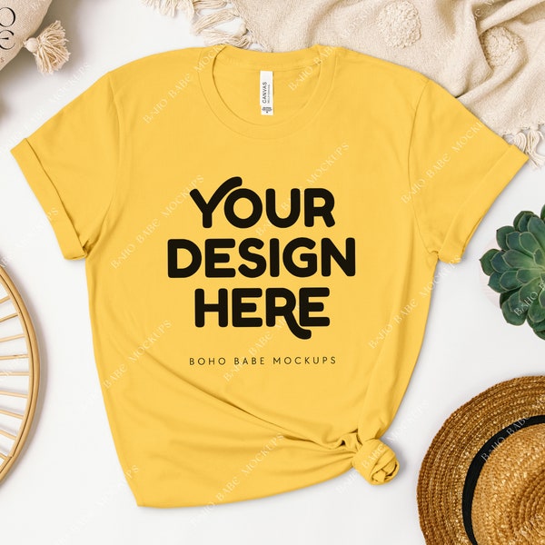 3001 MAIZE YELLOW Mockup, Bella Canvas 3001 Mockup, Boho Flat Lay Tshirt Mock-up, Bella and Canvas Shirt Knot Flatlay, POD Tee Sublimation