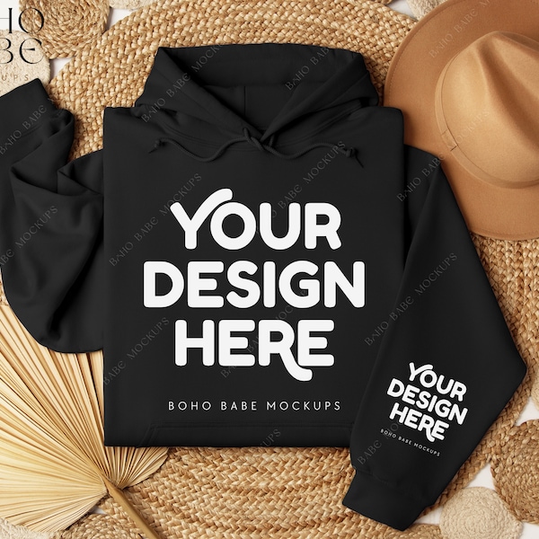 BLACK Gildan 18500 Sleeve Hoodie Mockup | Left Wrist Cuff Print, Pocket Design Mock, Folded Hoodie Photo Template, POD Boho Flat Lay