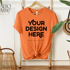 3001 BURNT ORANGE Mockup, Bella Canvas 3001 Mockup, Boho Hanging Tshirt Mock-up, Bella and Canvas Shirt Knot Flatlay, POD Tee Sublimation