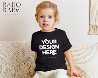 3001T BLACK Bella Canvas 3001T Mockup | Kids Model Mockup, Toddler Tshirt Mock, Children Tee Flatlay, Girl Shirt Photo, POD Boho Flat Lay