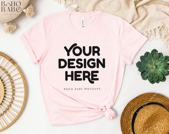 3001 SOFT PINK Mockup, Bella Canvas 3001 Mockup, Boho Flat Lay Tshirt Mock-up, Pink Bella and Canvas Shirt Knot Flatlay, POD Tee Sublimation