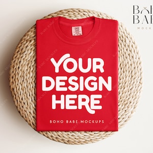 RED Comfort Colors 1717 Mockup | CC1717 Folded T-shirt on Round Placemat, Unisex Shirt Mock up, Clean Boho Styled Flat Lay, POD Tee