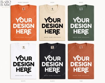 CC1717 Halloween Group Mockup Comfort Colors 1717 Camisa Dobrada Boho Flatlay Laranja Queimado Marfim Musgo Branco Preto Inhame Foto Real de Stock POD Svg