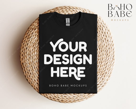 Gildan 64000 Mockup BLACK | Gildan Softstyle T-shirt Mock up, Boho Folded Shirt Flat Lay, Real Photography Mockups, POD Template