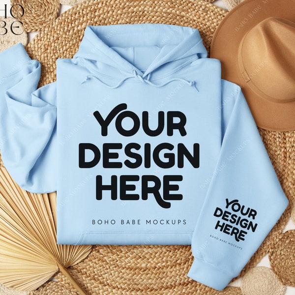 LIGHT BLUE Gildan 18500 Sleeve Hoodie Mockup | Left Wrist Cuff Print, Pocket Design Mock, Folded Hoodie Photo Template, POD Boho Flat Lay