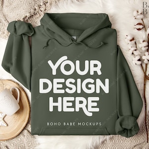 MILITARY GREEN Gildan 18500 Mockup | Gildan Hoodie Flat Lay, G18500 Folded Hoodie Mock, Boho Christmas Mock POD Digital Template, Real Photo