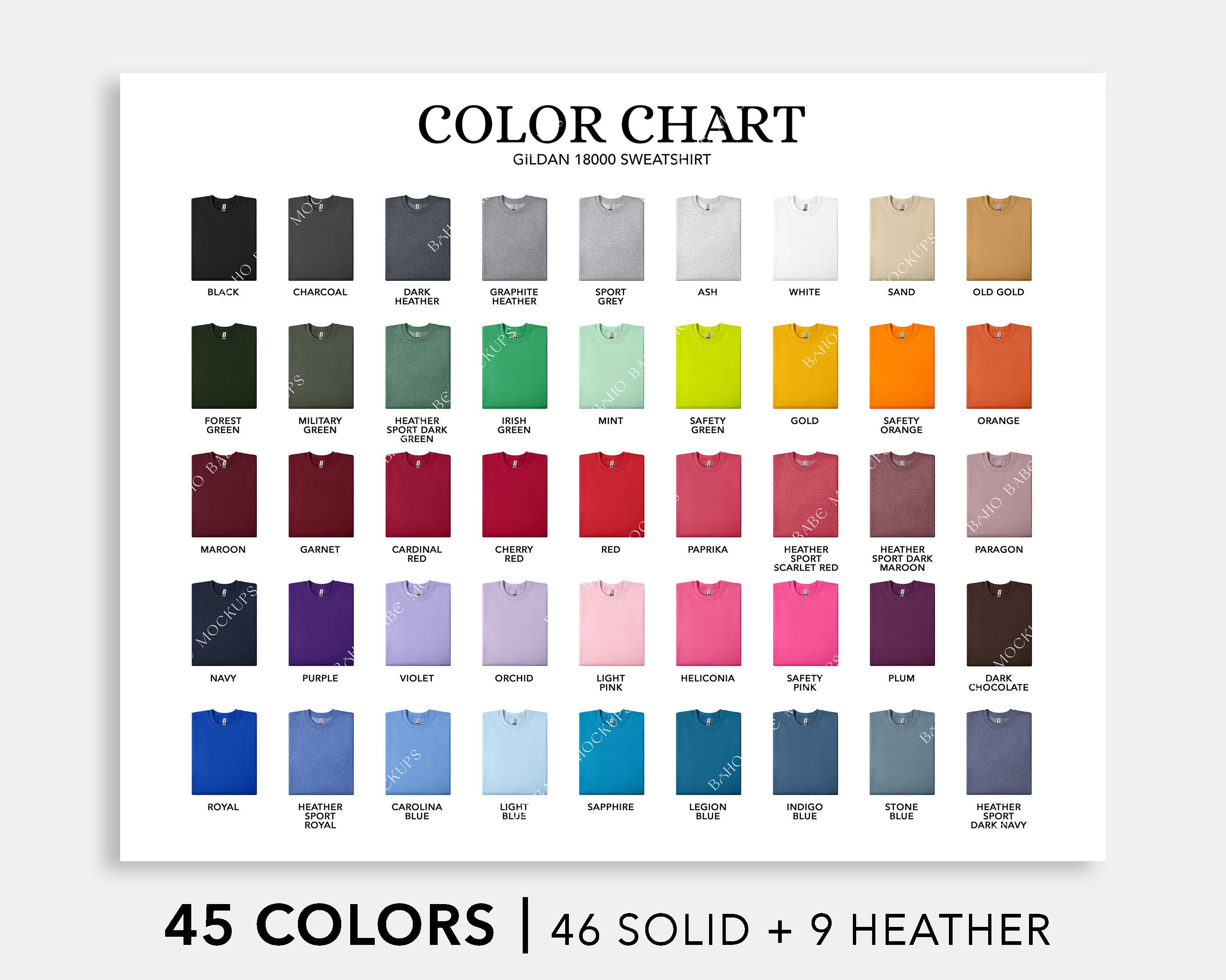18000 Editable Color Chart | Gildan 18000 Sweatshirt Chart, 45 PNG ...