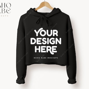 7502 BLACK Cropped Hoodie Mockup, Bella Canvas 7502 Mockup, Women&#39;s Cropped Fleece Hoodie, POD Boho Minimalistic Simple Mocks