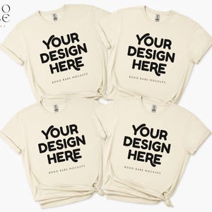 Pode incluir: Quatro camisetas de cor creme com o texto "YOUR DESIGN HERE" e "BOHO BABE MOCKUPS" impresso na frente.