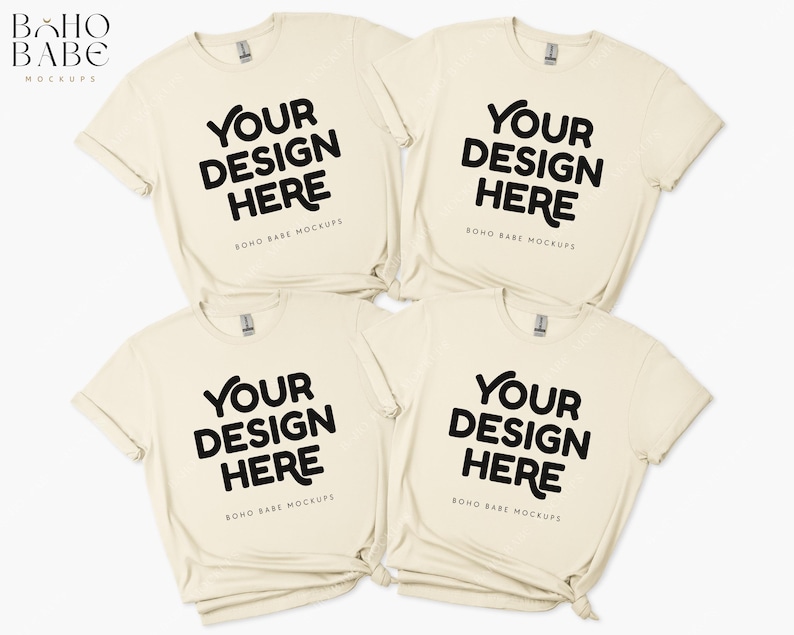 Pode incluir: Quatro camisetas de cor creme com o texto "YOUR DESIGN HERE" e "BOHO BABE MOCKUPS" impresso na frente.