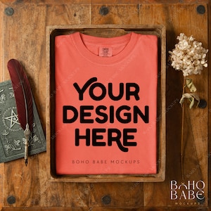 Comfort Colors 1717 BRIGHT SALMON Halloween Mockup | CC1717 Folded T-shirt Mock up, Autumn Unisex Shirt Flat Lay, POD Tee Dark Moody Mocks