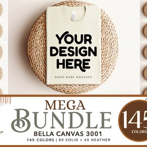 May include: A mockup of a Bella Canvas 3001 t-shirt in a light beige color. The t-shirt is laying flat on a woven straw mat. The text "YOUR DESIGN HERE" is printed on the t-shirt. The text "BOHO BABE MOCKUPS" is printed below the design. The image is part of a larger set of 145 color mockups.