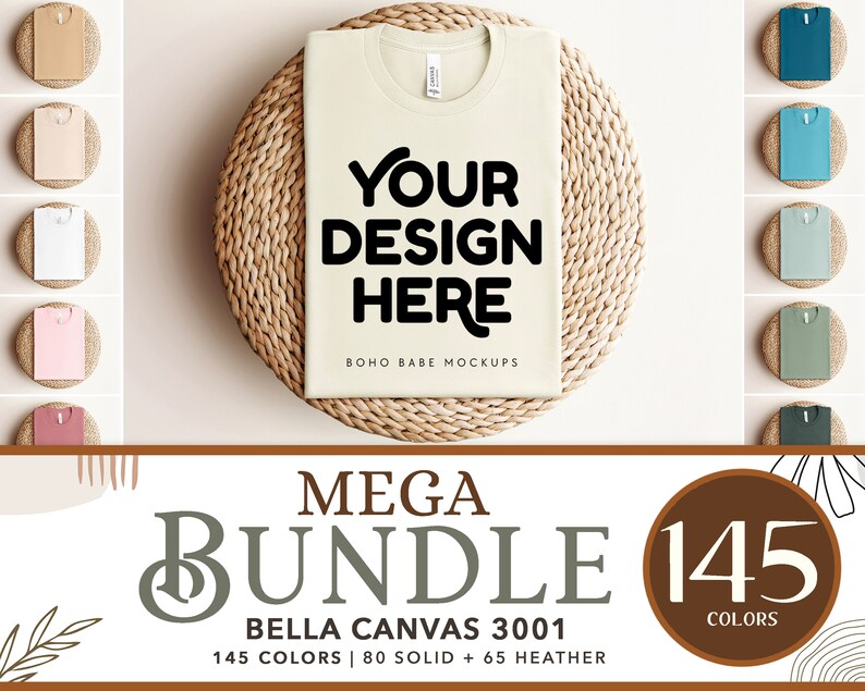 May include: A mockup of a Bella Canvas 3001 t-shirt in a light beige color. The t-shirt is laying flat on a woven straw mat. The text "YOUR DESIGN HERE" is printed on the t-shirt. The text "BOHO BABE MOCKUPS" is printed below the design. The image is part of a larger set of 145 color mockups.
