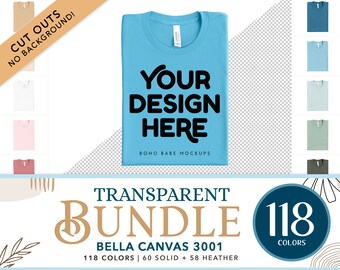 以下が含まれることがあります： 「Your Design Here」と「Boho Babe Mockups」のテキストが書かれた薄い青色のTシャツのモックアップです。Tシャツは透明な背景の上にあります。この画像は、Bella Canvas 3001 Tシャツの118色のバンドルの一部です。