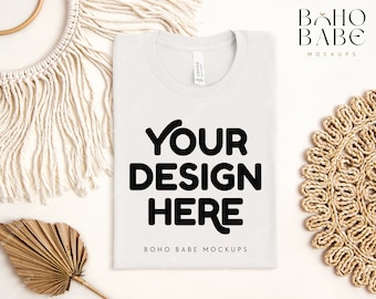 VINTAGE WHITE Bella Canvas 3001 gefaltetes Mockup, Boho Flat Lay Tshirt Mock-up, Bella und Canvas gefaltetes T-Shirt Flatlay Mockup, POD T-Shirt Foto