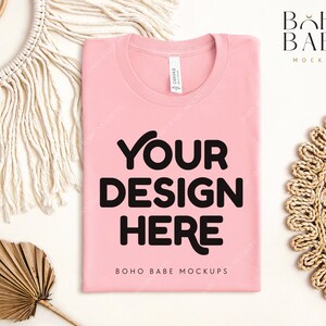 PINK Bella Canvas 3001 Folded Mockup, Boho Flat Lay Tshirt Mock-up, Bella and Canvas Folded T-shirt Flatlay Mockup, POD Tee Photo