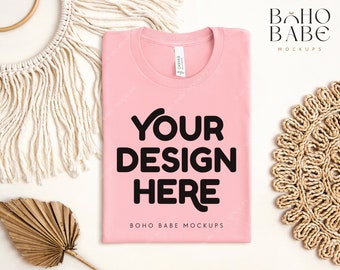 PINK Bella Canvas 3001 Folded Mockup, Boho Flat Lay Tshirt Mock-up, Bella and Canvas Folded T-shirt Flatlay Mockup, POD Tee Photo