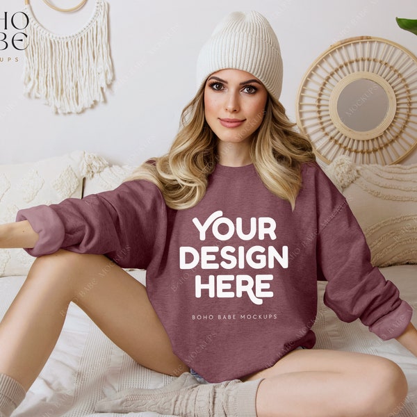 Gildan 18000 Heather Sport Dark Maroon | Gildan Model Mockup, Gildan Sweatshirt Mockup, Boho Sweater Mocks, Oversized Crewneck Mock up