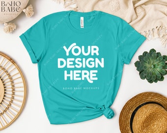 3001 TEAL Mockup, Bella Canvas 3001 Mockup, Boho Flat Lay Tshirt Mock-up, Bella and Canvas Shirt Knot Flatlay, POD Tee Sublimation