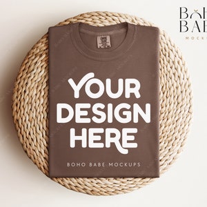 ESPRESSO Comfort Colors 1717 Mockup | CC1717 Folded T-shirt on Round Placemat, Unisex Shirt Mock, Clean Boho Styled Flat Lay POD Tee Blank