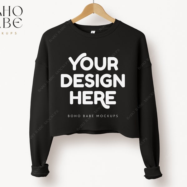 7503 BLACK Cropped Sweatshirt Mockup, Bella Canvas 7503 Mockup, Cropped Sweater Minimalistic Mock, Women's Cropped Crew Fleece Sweater POD