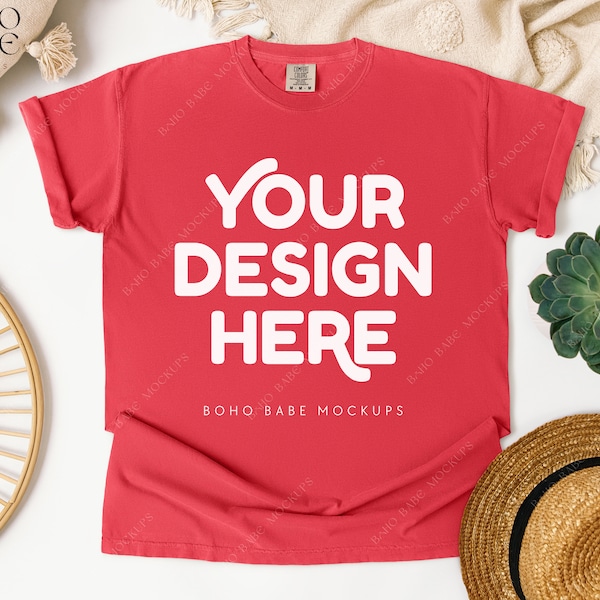 PAPRIKA Comfort Colors 1717 Mockup | CC1717 Red T-shirt Boho Flatlay, Simple Shirt Mock up, POD Tee Flat Lay Template, Real Product Photo