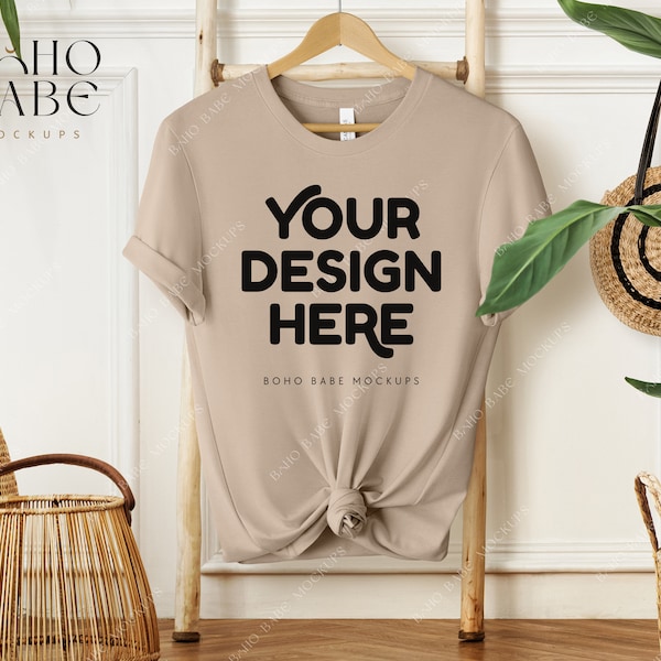 3001 TAN Mockup, Bella Canvas 3001 Mockup, Boho Hanging Tshirt Mock-up, Bella and Canvas Shirt Knot Flatlay, POD Tee Sublimation