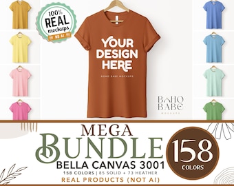Bella Canvas 3001 Mockup Bundle | 158 Colors Hanging Tee Real Mockups, Shirt on Hanger Simple Mocks POD Universal White Wall Background Svg