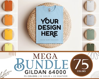 May include: A mockup of a light blue t-shirt with the text "YOUR DESIGN HERE" and "BOHO BABE MOCKUPS" on a woven straw mat. The t-shirt is part of a mega bundle of 75 colors of Gildan 64000 t-shirts, including 52 solid colors and 23 heather colors.