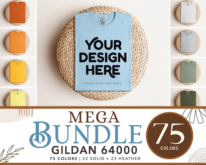 Op de afbeelding: Een mockup van een lichtblauw T-shirt met de tekst "YOUR DESIGN HERE" en "BOHO BABE MOCKUPS" op een geweven strooien mat. Het T-shirt maakt deel uit van een mega-bundel van 75 kleuren Gildan 64000 T-shirts, waaronder 52 effen kleuren en 23 melange-kleuren.