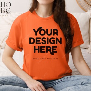 ORANGE Gildan 64000 Model Mockup, Boho Lifestyle Woman Mock-up, Softstyle Tshirt Female Model Mock, POD Real Product, Tee Photo Template
