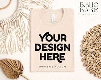 SOFT CREAM Bella Canvas 3001 gefaltetes Mockup, Boho Flat Lay Tshirt Mock-up, Bella und Canvas gefaltetes T-Shirt Flatlay Mockup, POD Tee Foto
